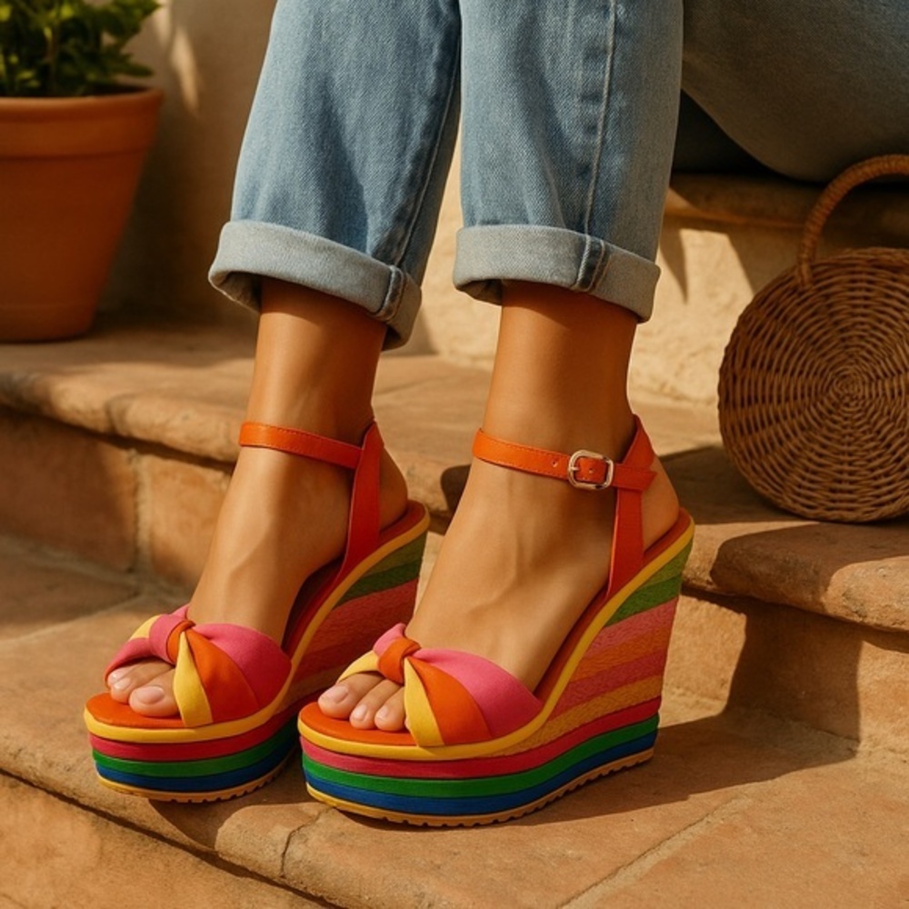 🌈 NWT Saralris Colorblock Rainbow Wedge Platform Sandals Women’s 7.5